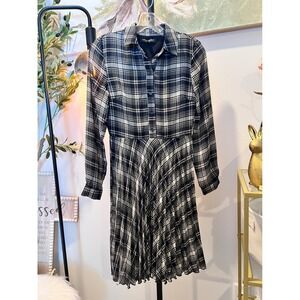 Banana Republic Academia Black White Plaid Pleated  Dress Long Sleeve Size 0